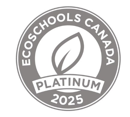 grey circle with grey leaf outline in the centre. Text reads ecoschools Canada 2025. a ribbon across the centre says platinum