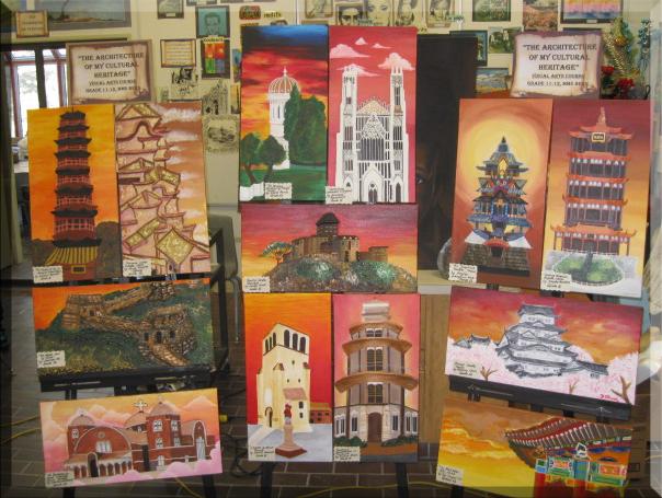 various paintings depicting architectural buildings from around the world