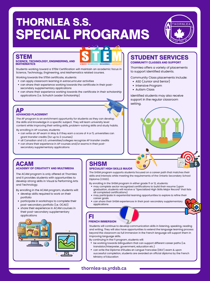 A purple flyer about the school's special programs. 