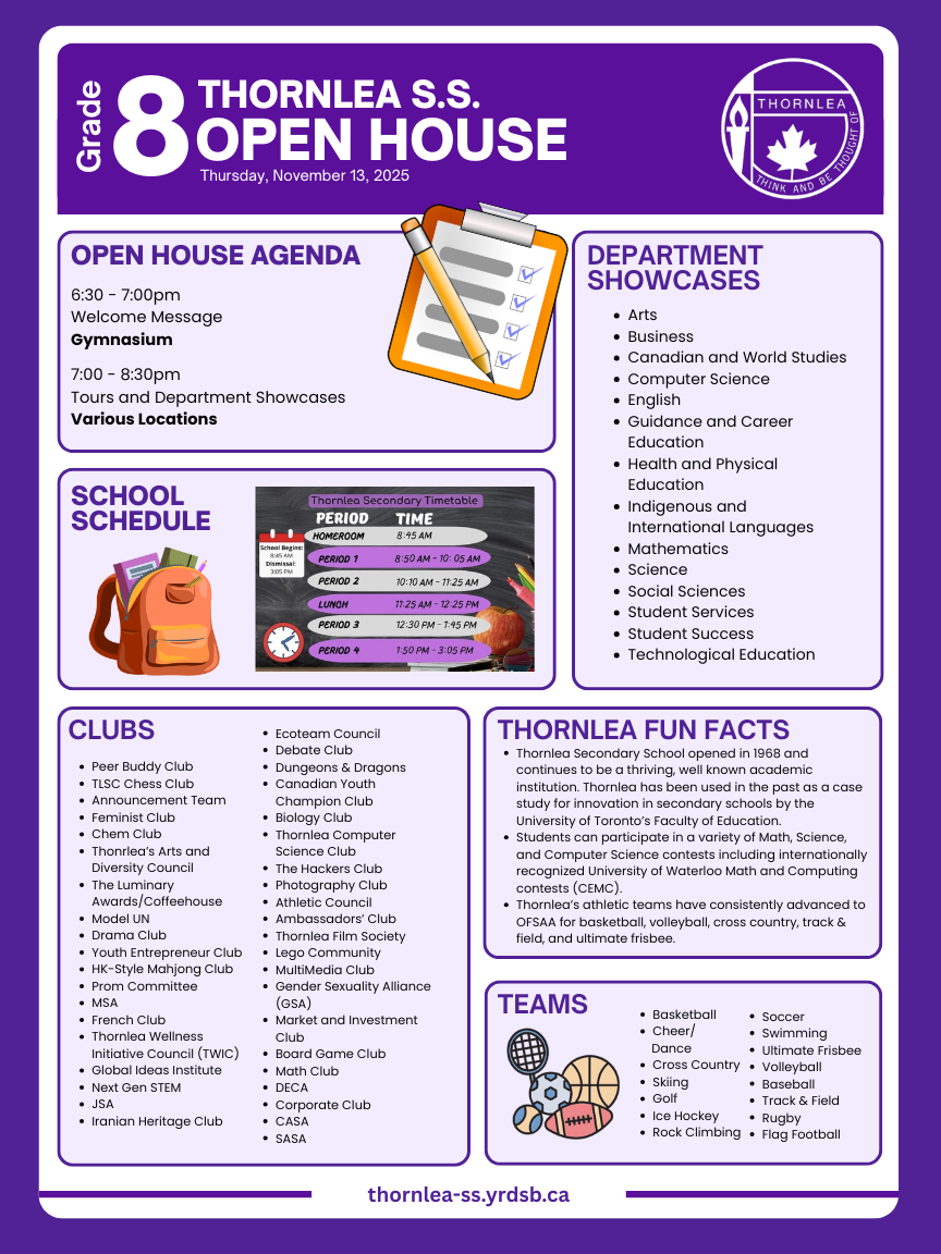 Purple flyer with information about the Thornlea Open House