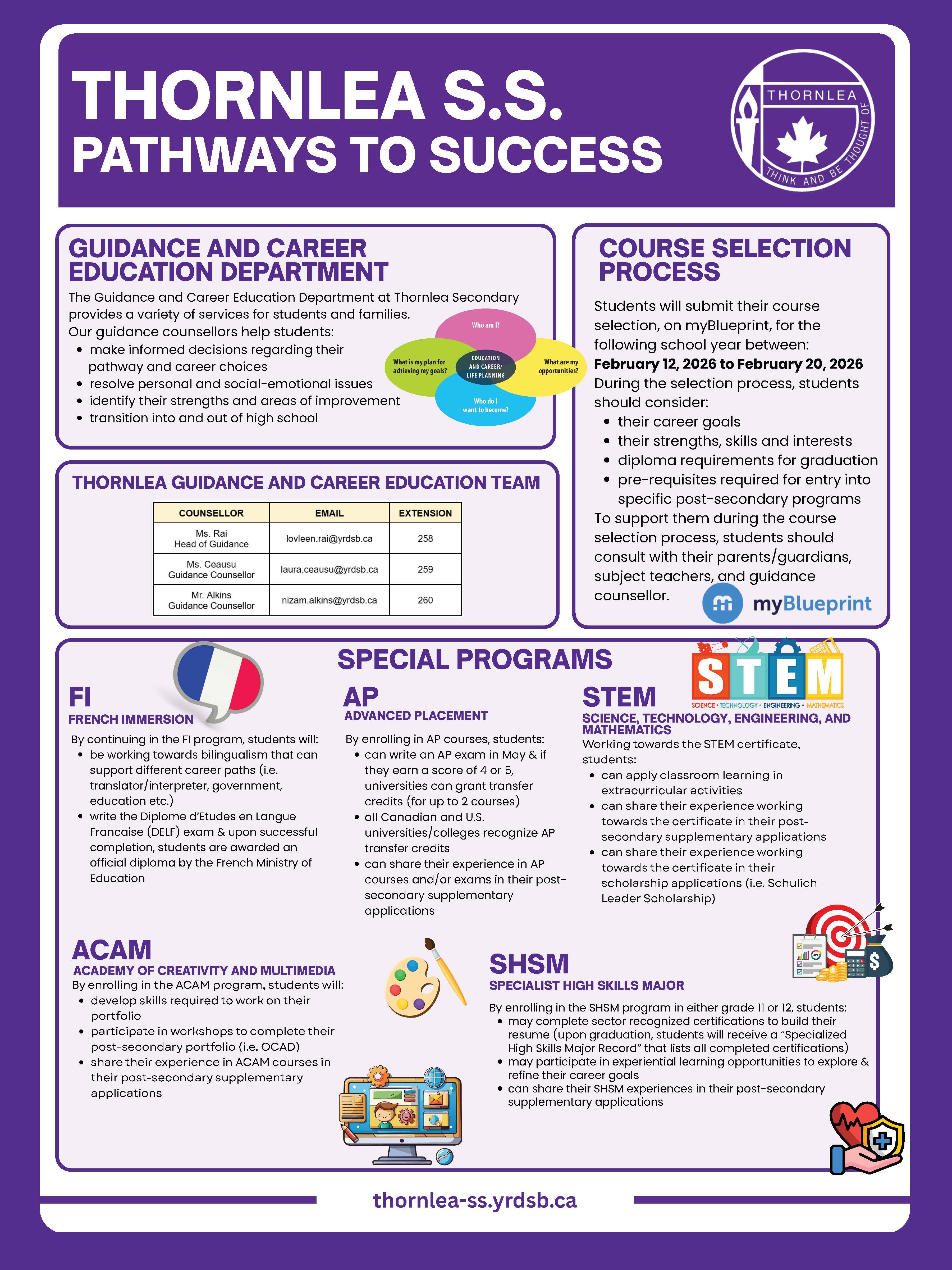 Purple flyer with information about pathways to success and the guidance department