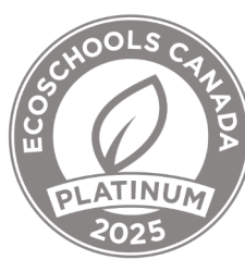Grey circle with leaf inside and words EcoSchools Canada Platinum 2025
